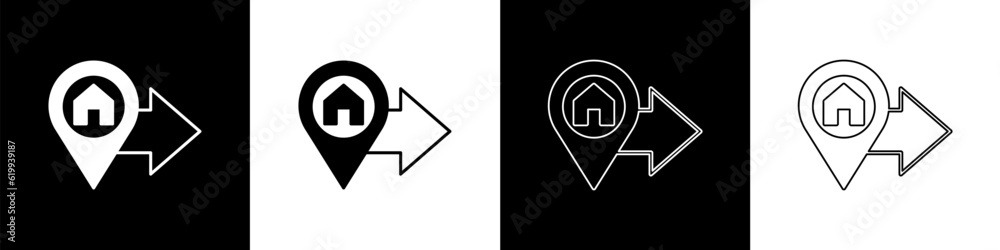 Poster set map pointer with house icon isolated on black and white background. home location marker symbol.