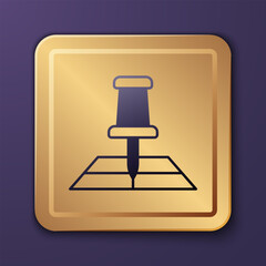 Purple Folded map with location marker icon isolated on purple background. Gold square button. Vector