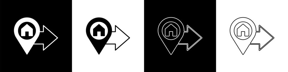 Set Map pointer with house icon isolated on black and white background. Home location marker symbol. Vector