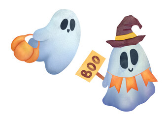 set of cute Ghost clipart on transparent background. Childish Watercolor hand drawn illustration for holiday cards, invitations to happy Halloween party. ghost with hat, pumpkin, frightening sign