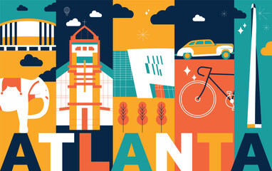 Typography word Atlanta branding technology concept. Collection of flat vector web icons. American culture travel set, architectures, specialties detailed silhouette. Doodle famous landmarks.