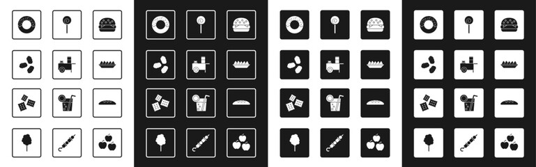 Set Burger, Fast street food cart, Chicken nuggets, Donut, Nachos in plate, Lollipop, Bread loaf and Cracker biscuit icon. Vector