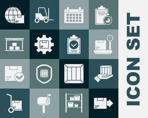 Set Carton cardboard box, Delivery hand with boxes, Scale, Calendar, Gear wheel package, Warehouse, Worldwide shipping and Verification of delivery list clipboard icon. Vector