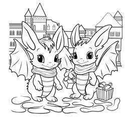 Two cute baby dragons.Simple linear illustration for coloring.Dragon year 2024 coloring page.