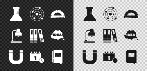 Set Test tube and flask, Solar system, Protractor, Magnet, Calendar first september date, Book, Table lamp and Office folders icon. Vector