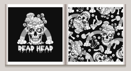 Pattern, label with rainbow, skull like cup full of mushrooms Crazy mad skull with single eye and growing through skull mushrooms Surreal illustration for groovy, hippie, mystical, psychedelic design