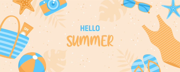 Summer banner with beach items frame on sand background. Vector illustration in flat style