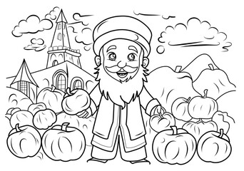 Jewish Man with a Beard at the Fair. Field of pumpkins.Simple line illustration for coloring.Coloring page.