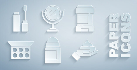 Set Antiperspirant deodorant roll, Makeup powder with mirror, Cream lotion cosmetic tube, Round makeup and Mascara brush icon. Vector