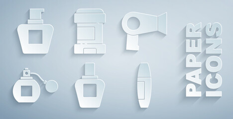 Set Perfume, Hair dryer, Mascara brush, Antiperspirant deodorant roll and Cream lotion cosmetic tube icon. Vector