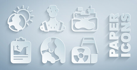 Set Global warming, Wrecked oil tanker ship, Nuclear power plant, High human body temperature and icon. Vector