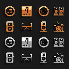 Set Glasses, Stereo speaker, Drums, Music player, EDM electronic dance music, note, tone and icon. Vector