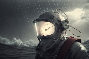 time traveler with face covered by helmet in time of the great seas, Generative AI