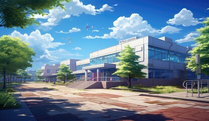 anime school building in front of a sidewalk - obrazy, fototapety, plakaty