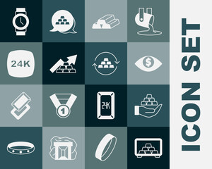 Set Safe with gold bars, Gold in hand, Eye dollar, Growth arrow, 24k, Wrist watch and exchange money icon. Vector