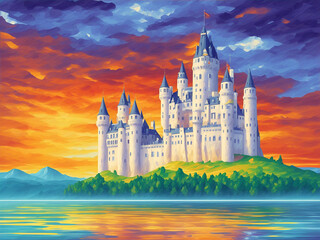 Castle in the center of lake. AI generated illustration