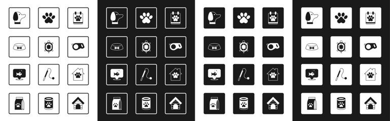 Set Calendar grooming, Turtle, Pet food bowl for cat or dog, Dog, Retractable cord leash, Paw print, house and Fish icon. Vector