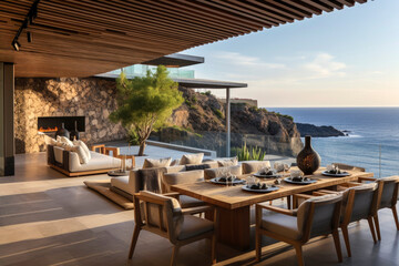 Generative AI illustration of a luxury villa terrace built with recyclable materials facing the sea.