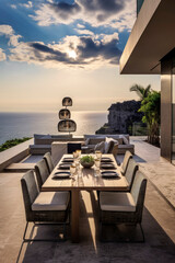 Fototapeta premium Generative AI illustration of a luxury villa terrace built with recyclable materials facing the sea.