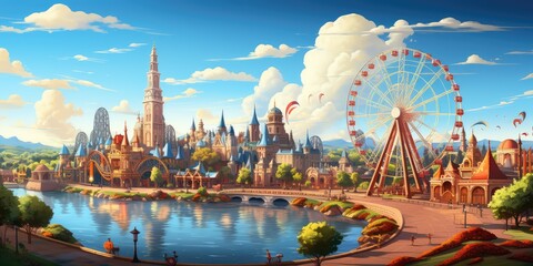 Colorful magical fantasy illustration of amusement park. 