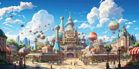 Colorful magical fantasy illustration of amusement park. 