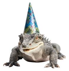 crocodile with a party hat, isolated on a transparant background, funny animals, clipart cutout scrapbook, birthday card