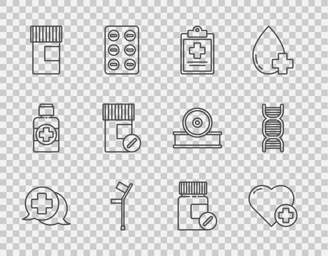 Set Line Dialogue With The Doctor, Heart Cross, Medical Clipboard Clinical Record, Crutch Crutches, Medicine Bottle, And Pills, And DNA Symbol Icon. Vector