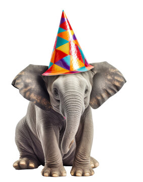 elephant with a party hat, isolated on a transparant background, funny animals, clipart cutout scrapbook, birthday card
