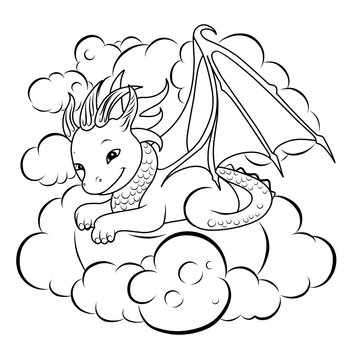 Cute dragon sleeping in the cloud.Dreamy.Simple line illustration for coloring.Dragon year 2024 coloring page.