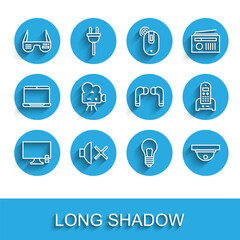 Set line Smart Tv, Speaker mute, glasses, Light bulb with concept of idea, Motion sensor, Retro cinema camera, Telephone and Air headphones icon. Vector