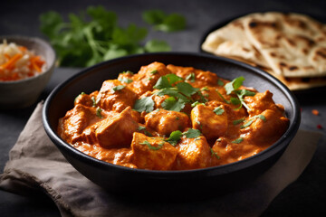 masala hot chicken asian indian pot background sauce rice traditional dark. Generative AI. - obrazy, fototapety, plakaty