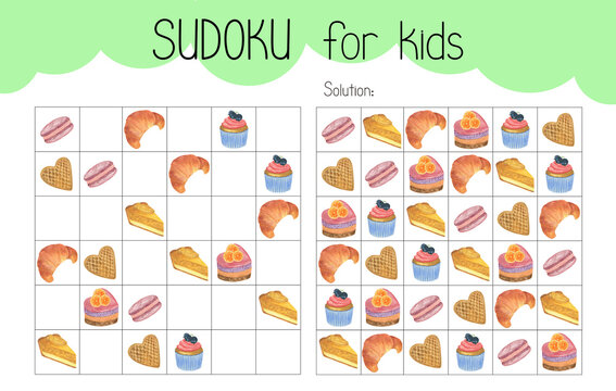 Sudoku educational game leisure activity worksheet watercolor illustration, printable grid to fill in missing images, sweet dessert cake, pastry topical vocabulary, puzzle solution, teacher resource