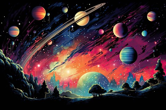 Rainbow planets space. Colorful astrology painting. 