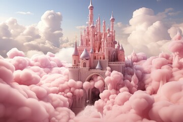 Pink clouds surrounding the fantasy castle in the sky. 