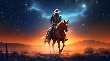 Obraz na płótnie Canvas a horizontal of a Cowboys, Cowgirls celebrating under a western sunset, starry sky in a Western-themed JPG format. Generative AI
