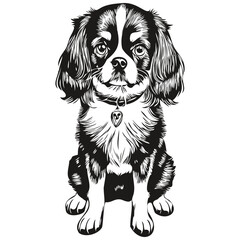 English Toy Spaniel dog pet sketch illustration, black and white engraving vector sketch drawing