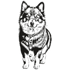Fototapeta premium Finnish Lapphund dog pet sketch illustration, black and white engraving vector
