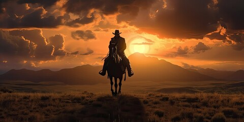 Fototapeta na wymiar a horizontal layout, of a Cowboy on his horse, overlooking a stunning landscape at sunset, beautifully cinematic a Western-themed image in a JPG format. Generative AI