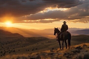 Fototapeta na wymiar a horizontal layout, of a Cowboy on his horse, overlooking a stunning landscape at sunset, beautifully cinematic a Western-themed image in a JPG format. Generative AI