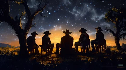 Foto op Plexiglas a horizontal layout, Cowboys and Cowgirls at sunset and under a starry sky a Western-themed in a JPG format. Generative AI © Purple Penguin GFX