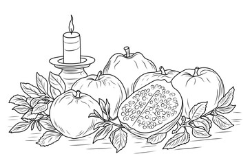 Table with apples, pomegranates and candles.Jewish New Year.Shana Tova.Simple line illustration for coloring Rosh Hashanah.Coloring page.