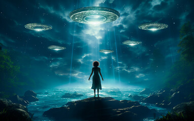   UFO. A woman witnesses a UFO. The scenes are breathtaking, awe-inspiring, and surreal.  Generative AI