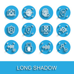 Set line Rejection voice recognition, Fingerprint with lock, Laptop face, Voice, Face, and icon. Vector