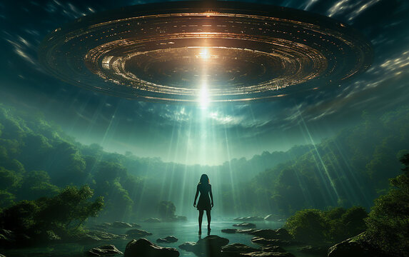   UFO. A woman is astonished by a UFO. The encounter is fantastic, awe-inspiring, and surreal.  Generative AI