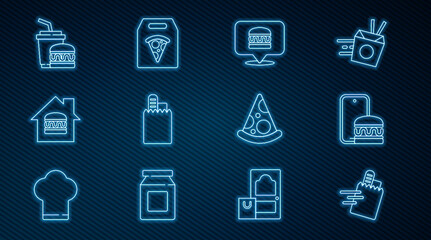 Set line Online ordering and delivery, burger, Paper glass, Slice of pizza and icon. Vector