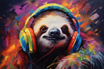 Sloth wearing vibrant headphones inviting into a world of delightful whimsy and musical charm
