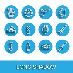 Set line Sapper shovel, Bullet, Hand grenade, Dynamite timer clock, Sword, Human target sport for shooting, Rocket launcher and Bulletproof vest icon. Vector