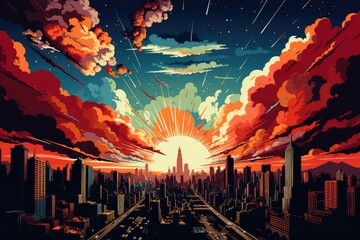 Pop Art cityscape with a cloud explosion of colors