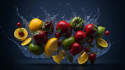 Fototapeta na wymiar Fruit and vegetables splash into water