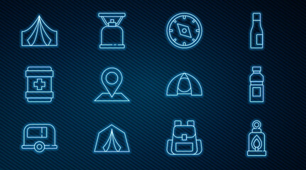 Set line Camping lantern, Bottle of water, Compass, Location, First aid kit, Tourist tent, and gas stove icon. Vector